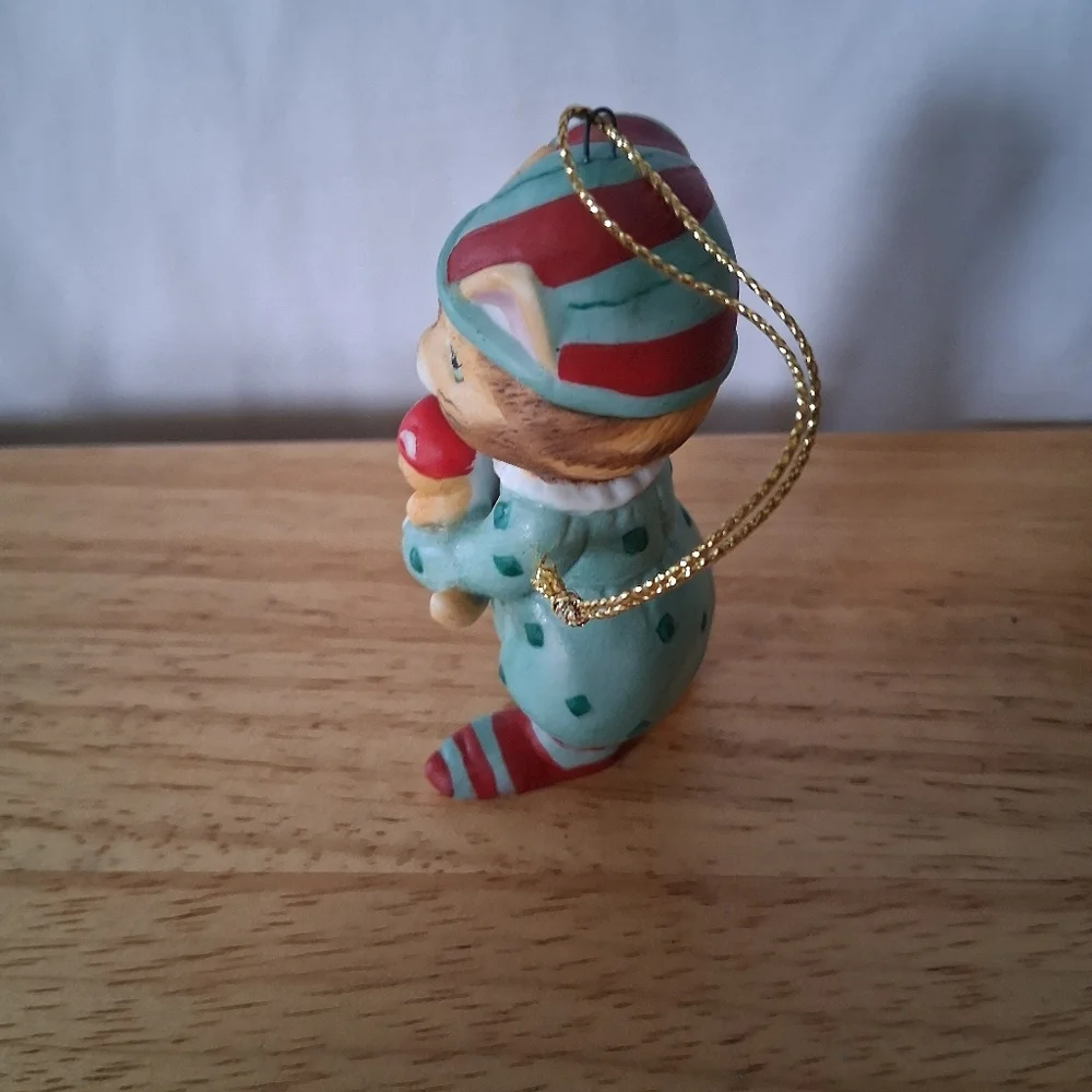 Festive Cat Ornament in Red and Green Holding Kitten In Their Pajamas